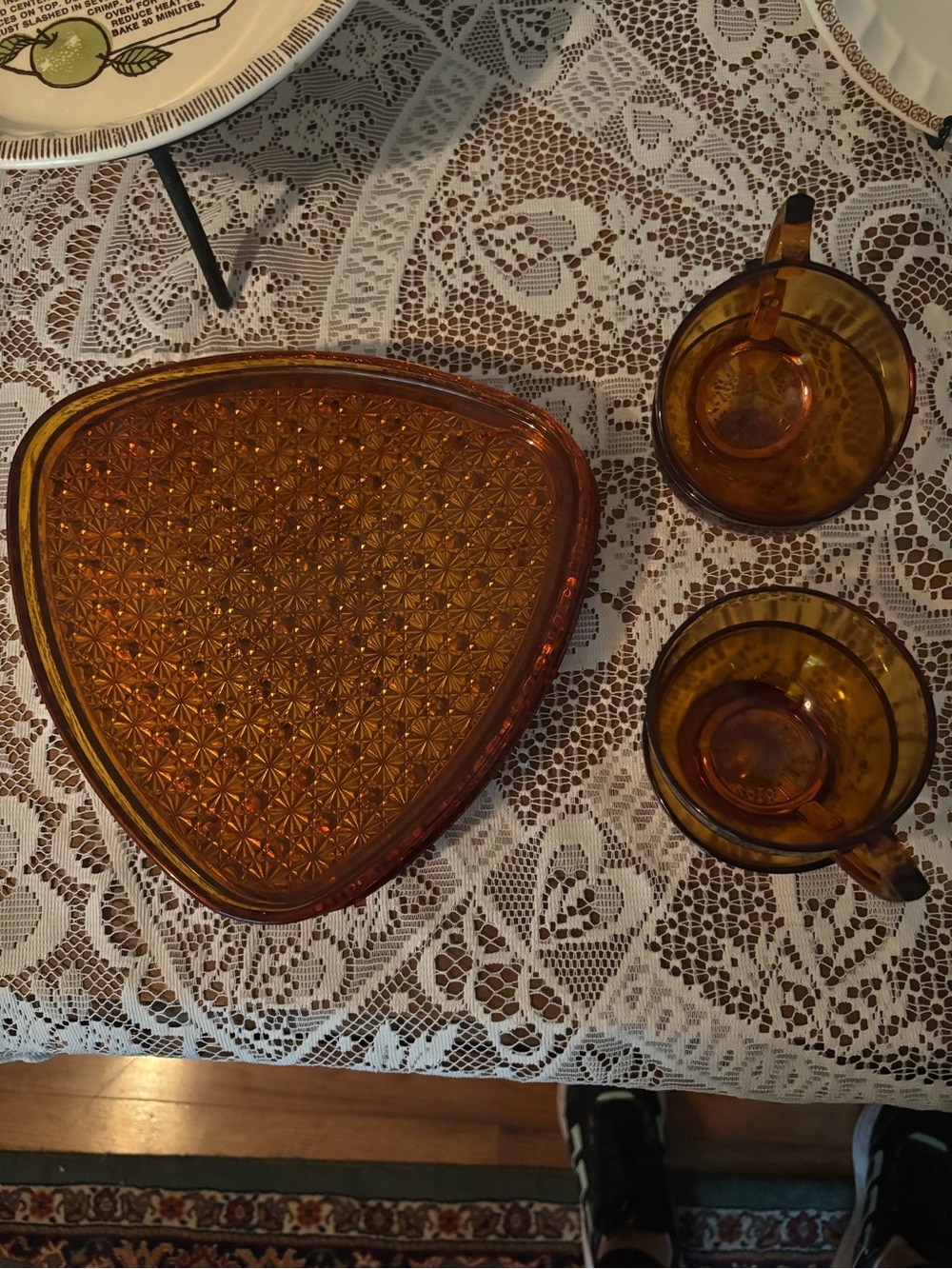 Amber Glass Triangle Serving Platter with Matching Cups